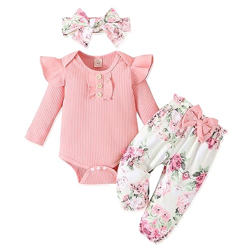 GDTOGRT Baby Girl Clothes Newborn Infant Outfits Ruffle Romper+ Floral Pants + Cute Headband Sets for Girls