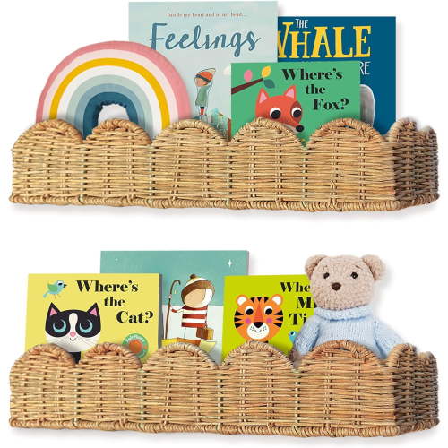 Nursery Book Shelves Set of 2 - Artisanal Natural Rattan Scalloped Book Shelf for Kids Rooms 15.8" W, Cute Wicker Nursery Bookshelf Wall Mounted, Handwoven Floating Kids Bookshelf, Baby Boho Decor