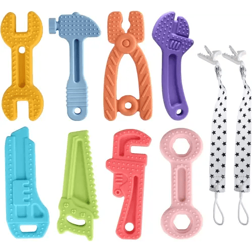 Fu Store 4 Pack Soft Silicone Teething Toys for Toddlers Infant Tools Shape Baby Teethers Relief Soothe Babies Gums Set (8 Pack Hammer Set)
