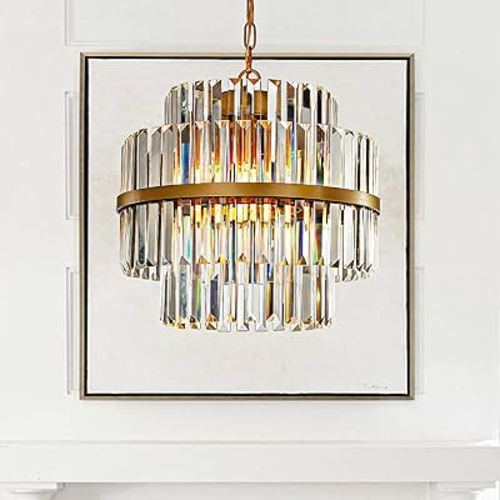 W 16 in 4-Light Modern Luxury 2-Tiered Dimmable Round Antique Gold Crystal Chandelier with Adjustable Hanging for Dining Room Living Room Bedroom