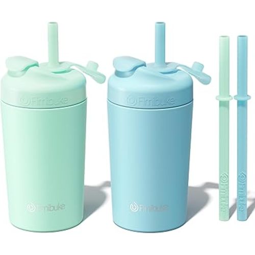 Fimibuke Kids & Toddlers Cups with Straw, 10oz Spill Proof Sippy Cups for Toddlers, Insulated Stainless Steel Kids Tumblers with Twist Lids & Silicone Straws with Stopper for Smoothie, 2 Pack