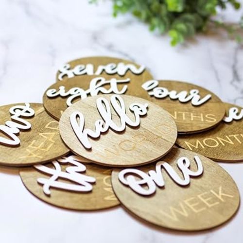 Wooden 3D Monthly Milestone Discs for Baby Photos (20 pcs Set), First Year Monthly Milestone Marker, Includes 1-5 Years, Walnut Stained