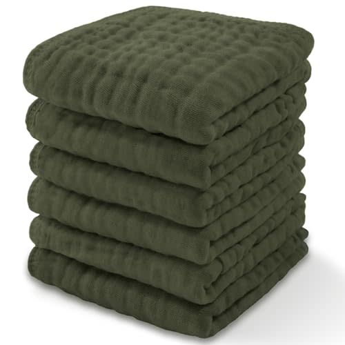 Baby Washcloths, Muslin Cotton Towels, Large 10”x10” Wash Cloths Soft on Sensitive Skin, Absorbent for Boys & Girls, Newborn Baby & Toddlers Essentials Shower Registry Gift (Kelp, Pack of 6)