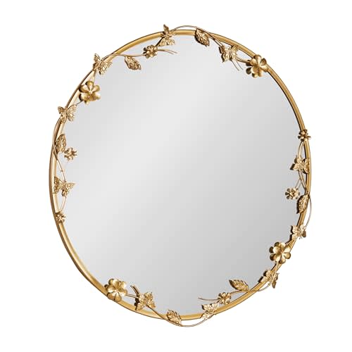 Kate and Laurel Rosella Modern Ornate Round Wall Mirror, 26 Inch Diameter, Gold, Circle Mirror with Floral Detailing for Use as Bathroom Mirror for Over Sink or Cute Dorm Room Decor