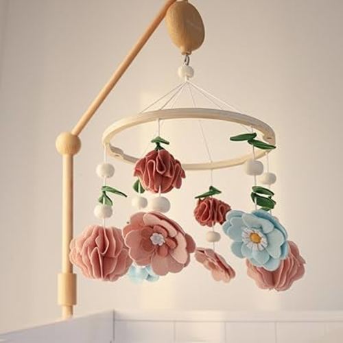 The Peanutshell Floral Crib Mobile for Girls, Wooden Musical Baby Mobiles with 12 Lullabies, Floral Nursery Décor, Pink Gold Mint Green