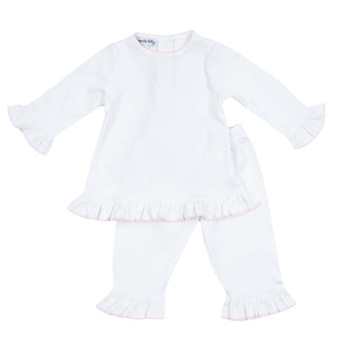 Essentials White Ruffle Pant Set with Pink Picot Trim