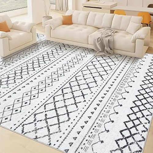 Area Rug Living Room - Large Soft Boho Geometric, Non-Slip Foldable Washable, Non-Shedding Modern Indoor Floor Carpet for Living, Bedroom, Office, Dining Room (Black, 8'x10')