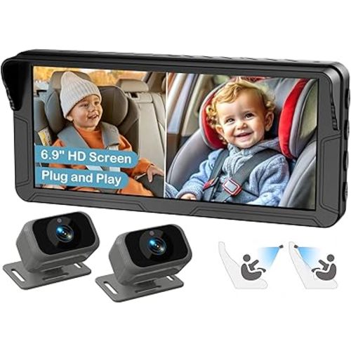 Dual Baby Car Camera for 2 Kids – 6.9” Split Screen HD Display with 2 Cameras, IR Night Vision, Easy Installation, Dual Car Camera Baby Monitor for Infant & Toddler Safety by Fodkh