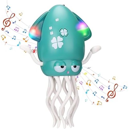 Magic Electric Dancing Octopus Toy with Led Light and Music,Automatic Evasion Crawling Dancing Octopus Musical Toys with Fishing Rod,Dancing Squid Toy Baby Must Haves Tummy Time Baby Toys,Green
