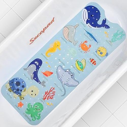Baby Bath Mat, Cartoon Kids Bathtub Mat Non Slip for Toddler Bath Shower Anti Slip, 40In X 16In Bath Tub Mat with Drain Holes and Suction Cups Machine Washable, Blue Sea Animals