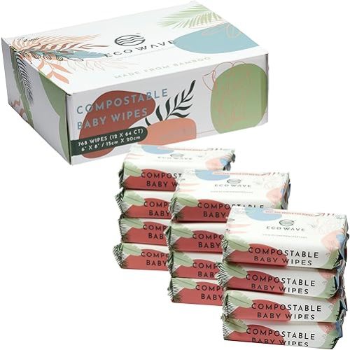 Eco Wave Baby Wipes, 100% Compostable Eco-Friendly Bamboo Wipes, Unscented, Hypoallergenic, Vegan, Alcohol-Free, Suitable For Sensitive Skin (Pack of 12)
