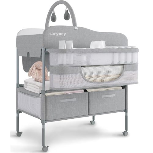 Baby changing table, Versatile Folding Changing Table, Waterproof diaper changing station, Adjustable Height with 2 drawers,baby changing station, mobile nursery for Infant and Newborn - Light Grey-Changing table