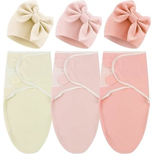 DRESHOW BQUBO 3 Pack Newborn Baby Swaddle Blanket with Hats Infant Adjustable Swaddling Wraps with Bear Ears Cap for 6-12 Lbs Newborns & 0-3 Months Girls Boys
