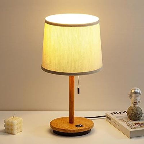 Modern Table Lamp for Bedroom, Desk Lamp with USB Port, Fabric Shade 3 Brightness Levels Nightstand Lamps for Living Room, Bedside, Study Room, Dorm, Office, LED Bulb Included (Flaxen)