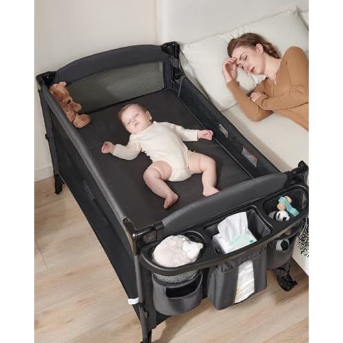 AirClub 4 in 1 Baby Bassinet Bedside Sleeper, 4 Functions Crib, Playard, Portable Changing Table, Bassinet for Newborn Baby, Bedsaide Bed w/Wheels&Brakes