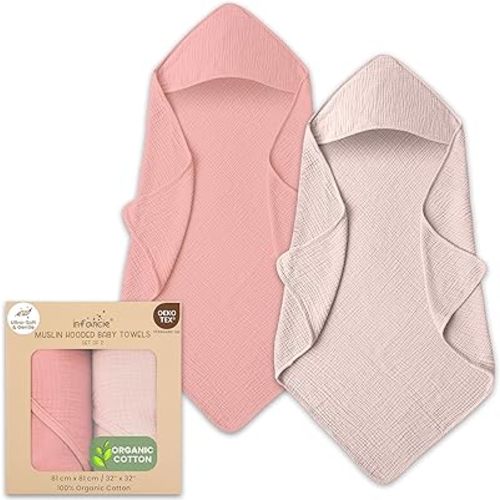 Organic Cotton Muslin Baby Hooded Towels - 32x32 Inch, 2 Pack Newborn Bath Towels for Boys & Girls, Soft & Absorbent Bath Set (Rose/Peach)