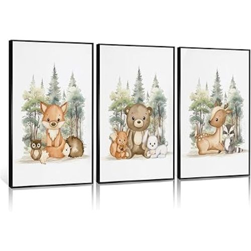 3 Pcs Nursery Woodland Animals Canvas Wall Art Fox Bear Deer Painting Picture Wall Decor Cute Wild Animals Poster Print Artwork For Baby Bedroom Kids Room Home Decoration (12inx16in Unframed)