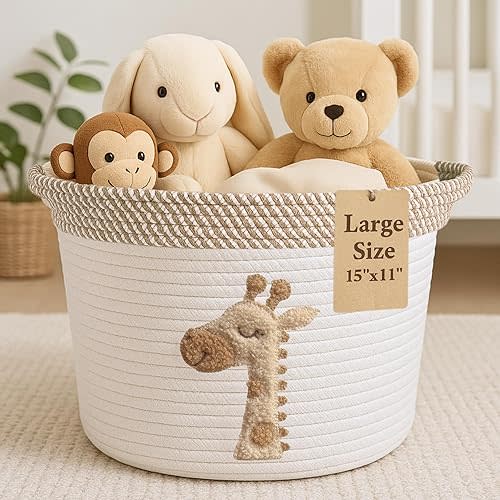 Giraffe Storage Basket for Nursery – Large 15”x11” Cotton Rope Bin with Soft Felt Animal Patch – Toy Organizer, Baby Laundry Hamper, Diaper & Towel Holder – Foldable, Washable & Baby-Safe