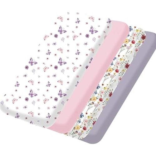 bimocosy Mini Crib Sheets,Pack and Play Sheets for Baby Girl Boy 4 Pack,Size 38"x 26" for Playard Mattress,Portable Mini Crib,Soft Pack N Play Sheets Fitted,Butterfly/Floral/Pink/Purple