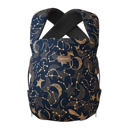 Momcozy Newborn Carrier WeeSnug- Lightweight and Cozy Comfort for 7-25 lbs | Ergonomic Cross-Back Support and Lumbar Pad, Easy to Put On, 100% Soft Cotton, OEKO-TEX, Visual Size Scale, Starry Night