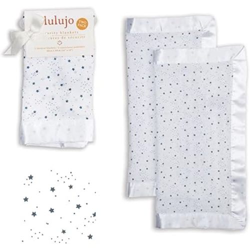 lulujo Security Lovey Blankets| Unisex Softest Breathable Cotton Muslin Security Blanket Set with Silky Satin Trim| Neutral Comforting Blanket for Girls & Boys | 16in x 16 in| Stars