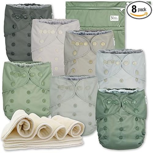 Nora's Nursery AWJ Cloth Diapers 7 Pack with 1 Wet Bag - Waterproof Cover, Washable, Reusable & One Size Adjustable Pocket Diapers for Newborns and Toddlers - Morning Dew