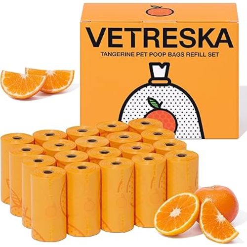 VETRESKA Citrus Scented Dog Poop Bags, Leak Proof, Extra Thick and Large Pet Waste Bags for Dogs Walking, Cat Litter and Babies' Diaper, 300 Count Bags (20 Refill Rolls), Orange