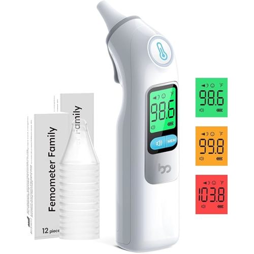 Ear Thermometer, Highly Accurate Ear Thermometer for Kids, Adults and Babies, 30 Memory Recall, 1s Result and 3-Color Fever Alert, with 24 Disposable Probe Covers, White