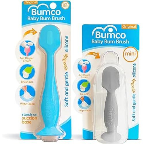 Bumco Baby Bum Brush + Mini Baby Diaper Cream Spatula with Case - BPA-Free Silicone Diaper Spatula with Suction Cup, Wipe-Clean, Mom-Invented Butt Paste Applicator (Blue & Gray)