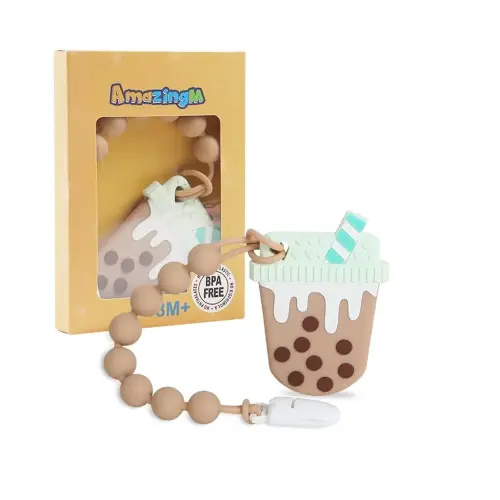 Baby Food Grade Silicone Teether Toy with One Piece Design Pacifier Clip Holder,Teething Pain Relief Toys Gift Set for 3 Months+ Boys and Girls,Freezer Safe,BPA Free. (Bubble Tea)