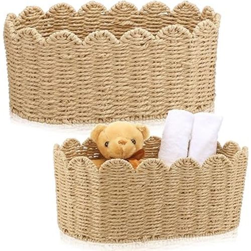 2 Pcs Scalloped Basket Hand Woven Scallop Basket 16 x 10 x 7 Inch and 14 x 8 x 6 Inch Scalloped Wall Basket Scalloped Imitation Hemp Rope Basket Scalloped Decoration Basket