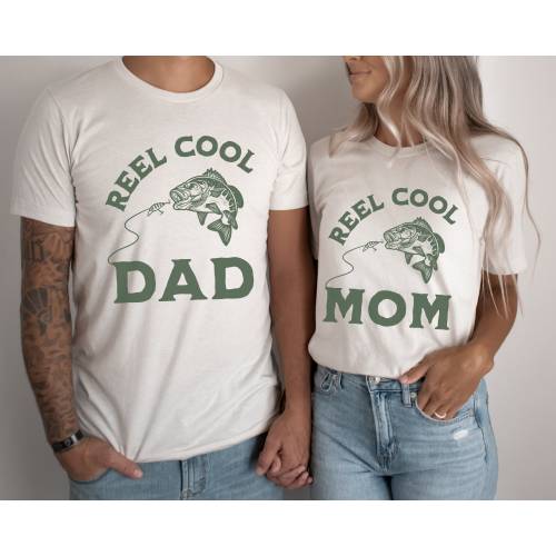 Reel Cool Mom, Dad Short Sleeve T-Shirt | Matching Parents, Family Tee | Rustic Bass Fishing | Birthday Shirt | Gift for Her, Him New Parent