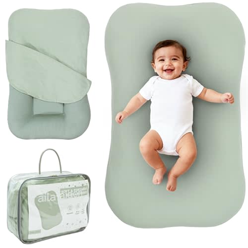 Aila + Aiden Baby Lounger | Organic Cotton Infant Lounger | Adjustable & Portable Floor Lounger | Supervised Use | Soft, Breathable, Washable Cover - Snuggle Collection - (Sage)