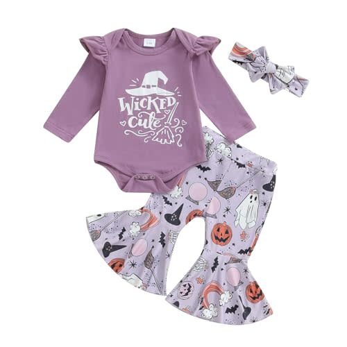 Doisbetthsay Halloween Outfit Infant Baby Girl Long Sleeve Romper Flared Pants Headband Pumpkin Clothes Set