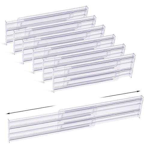 seinlife 6 Pack Plastic Drawer Dividers 3.2" High, 11-19.7" Adjustable Drawer Organizers for Clothes, Expandable Separators in Bedroom/Kitchen/Office Organization and Makeup Cosmetic Storage-Clear