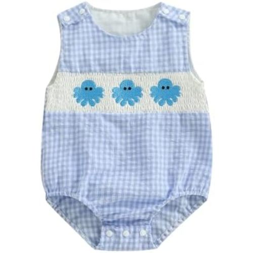 GOOCHEER Newborn Baby Boy Summer Outfit Octopus/Turtle Smocked Bubble Romper Striped Overall Sleeveless Bodysuit Clothes