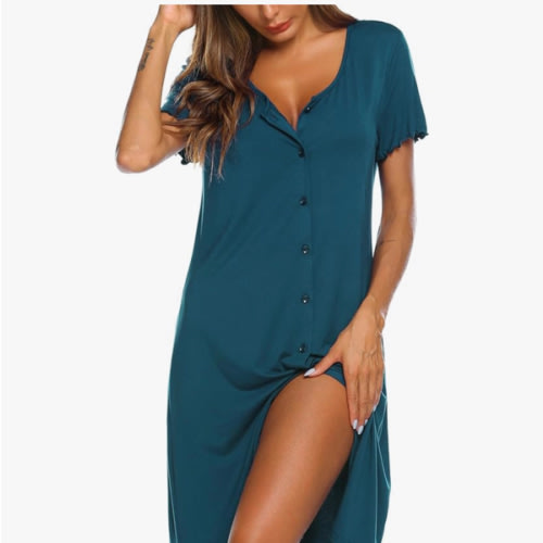 Ekouaer Women's Nightshirt Short Sleeve Button Down Nightgown V-Neck Sleepwear Pajama Dress