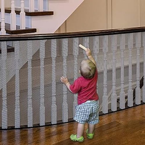 JIFTOK Baby Gate for Stairs, Banister Guard for Kids, Pets, Toys, 18 ft L x 2.66 ft H, Mesh Netting Safety Net for Balcony Rail Stair, Stairway Net Baby Safety Products for Indoor & Outdoor (Black)