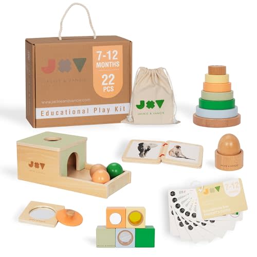 Jackie & Vancie Montessori Toys for 1 Year Old, Sensory Playkit 6 in 1 Wooden Learning Toys with Object Permanence, Rainbow Stacker, Mirror Puzzle, Sensory Blocks, Egg & Cup, Wooden Book