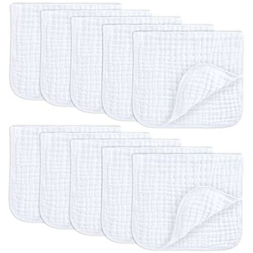 Comfy Cubs Muslin Burp Cloths 20" x 10", Pack of 10 - Large, 6-Layer, Ultra Absorbent 100% Cotton for Baby Drool and Messes - Soft, Safe & Gentle Baby Burp Cloths for Boys & Girls - White
