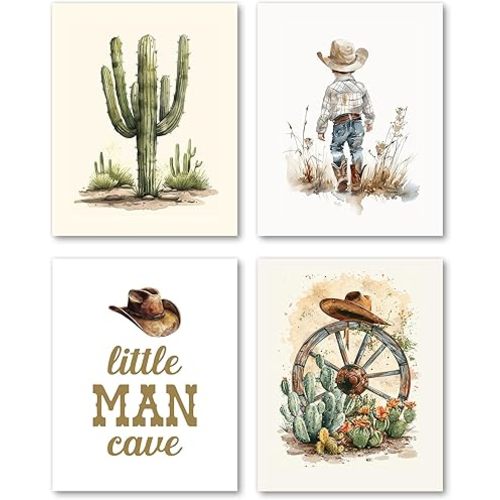Hxlac Western Cowboy Nursery Wall Art Prints Set of 4 UNFRAMED - Western Wall Decor for Toddler Baby Boy Room, Cowboy Nursery Decor, Little Man Cave Pictures Wall Decor (8x10 Inches)