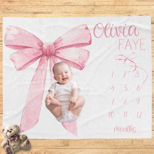 Pink Bow Milestone Blanket, Coquette Baby, Newborn Girl Age Blanket, Infant Month to Month Blanket, Custom Girl First Year Blanket