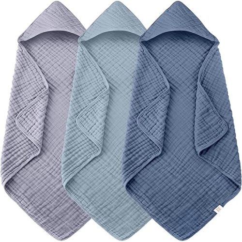 3-Pack Muslin Hooded Baby Towels, 100% Cotton, Ultra-Soft & Absorbent Baby Bath Towels with Hood for Babies, Infant, Toddler and Newbron (Grey and Navy Blue Series,32" x 32")