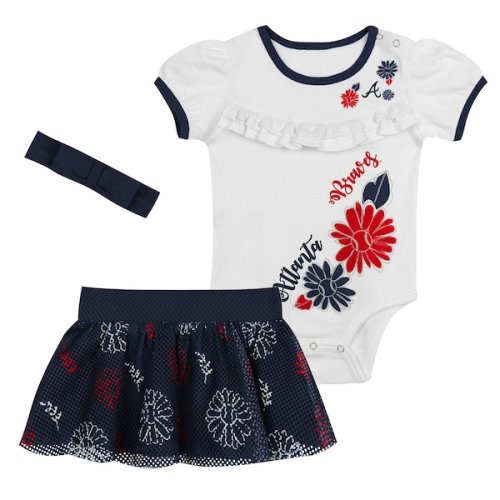 Newborn Atlanta Braves White/Navy Sweet Catcher 3-Piece Bodysuit, Headband and Skirt Set