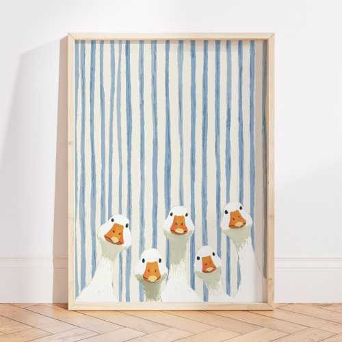 Silly Goose Boy Nursery Art Print, Blue Striped Nursery Decor