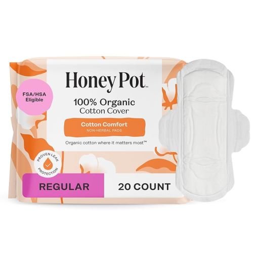 The Honey Pot Company - Sanitary Pads for Women - Non-Herbal Regular Flow w/Wings - Organic Cotton Cover & Ultra-Absorbent Pulp Core - Feminine Care - FSA & HSA Eligible - 20 ct
