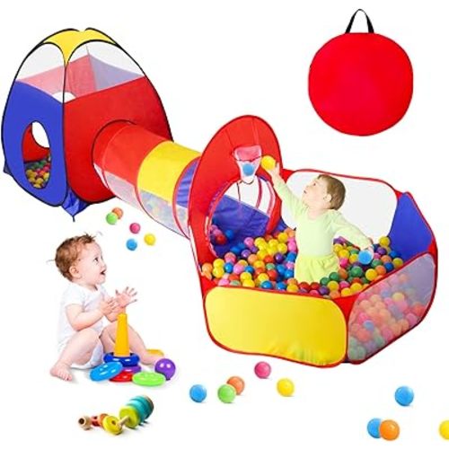 3 in 1 Kids Play Tent for Toddler with Baby Ball Pit and Play Tunnel, Children Indoor Outdoor Playhouse with Climbing Tunnel Toy for Toddlers, Boys and Girls Best Birthday Gifts