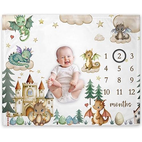 Yuzioey Boy Dragon Milestone Blanket, Dragon Fairy Tale Baby Growth Chart Monthly Blanket, Watch Me Grow Boy Dragon Baby Nursery for New Moms Baby Shower(50"x40")