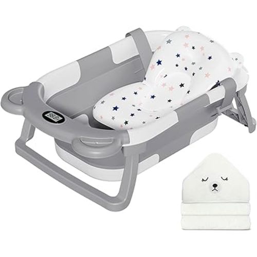 MoreFeel Collapsible Baby Bathtub for Newborn with Thermometer & 1 Hooded Towel & 1 Soft Floating Cushion,Portable Travel Bathtub with Drain Hole, Durable Foldable Baby Tubs for Infants to Toddler