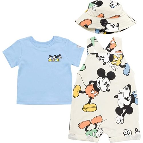Disney Mickey Mouse Baby French Terry Short Overalls T-Shirt and Hat 3 Piece Outfit Set Newborn to Infant - Khaki / Blue